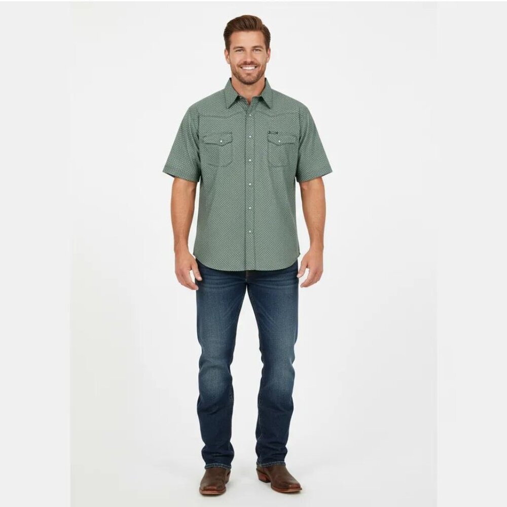 Wrangler Men's Green Geo Print Wrancher Western Short Sleeve Shirt Size XL/XG